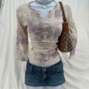 Euro Style Y2K Cream & Purple Cherokee Graphic 3/4 sleeve Top
